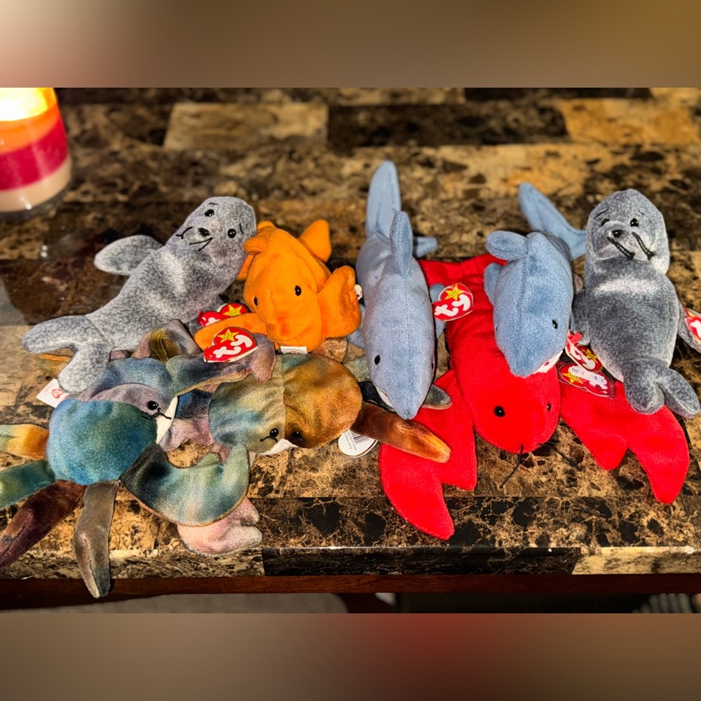 🌊 TY Beanie Babies Ocean Lot • Crunch Claude Slippery Pinchers Goldie • Set of 8
